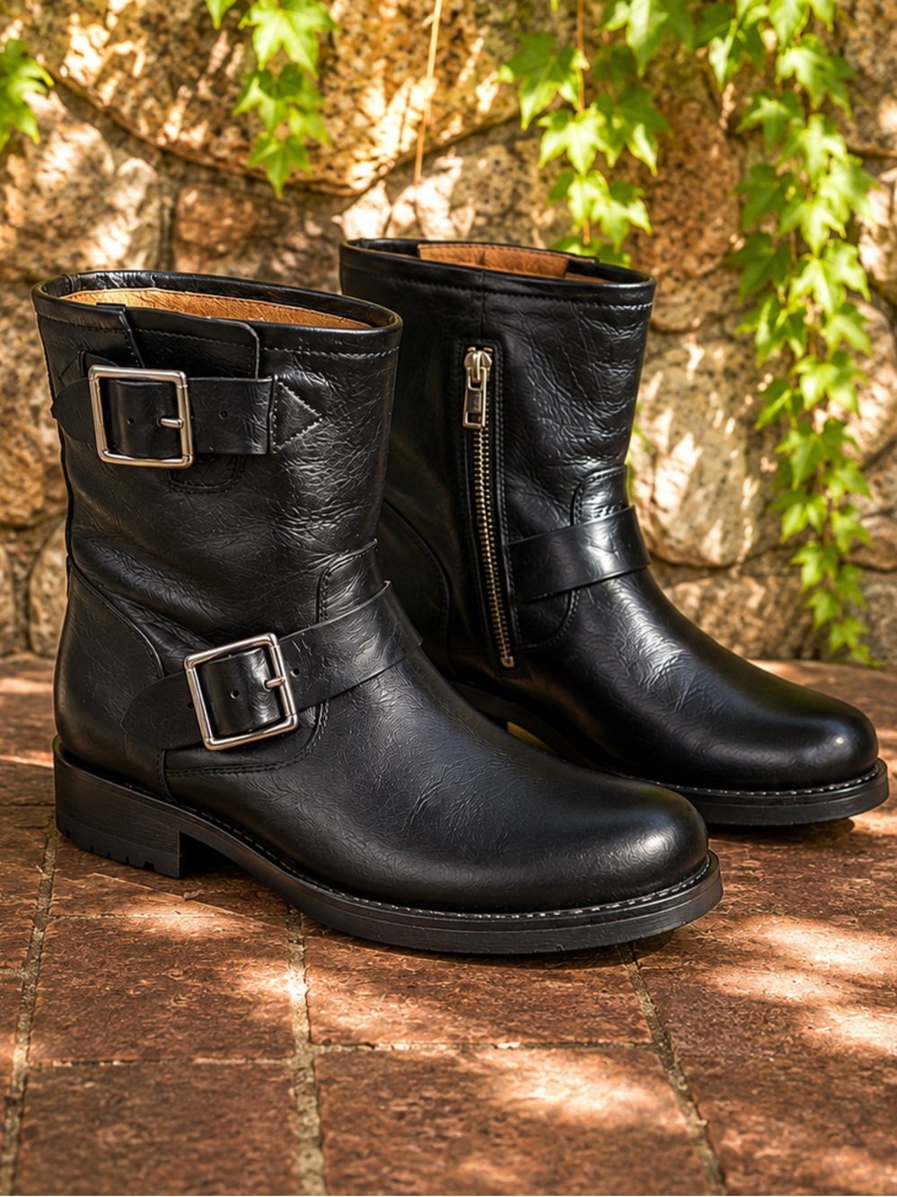 FRYE Vicky Classic Black Leather Heritage Engineer Boots, 6.5B